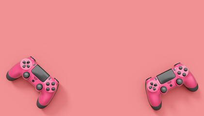 Realistic red video game joysticks or gamepads on pink background © Vasyl Onyskiv