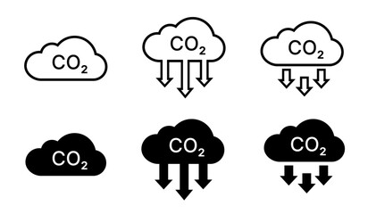 Cloud co2 reduction vector icons. Reduce co2 gas icon set. Carbon reduction cloud sign. CO2 icons.. cloud co2 reduction