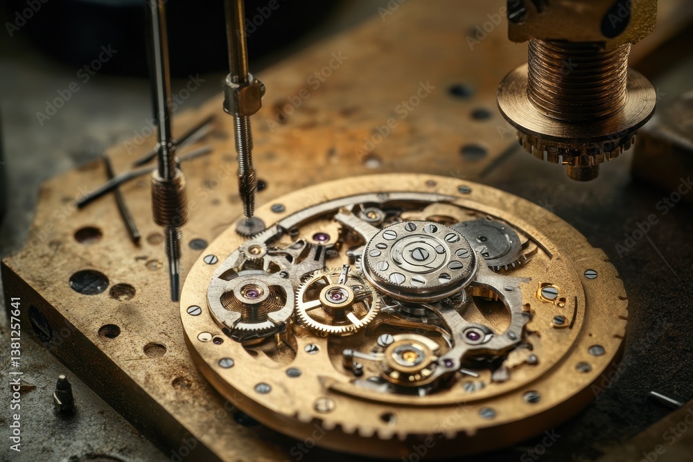 Poster collage of an old watch mechanism with cog and precision tool .