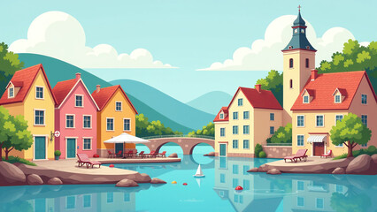 Naklejka premium colorful summer scenes european towns houses printed poster card holiday