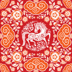 Seamless pattern happy chinese new year 2026 the horse zodiac sign with asian elements paper cut style on color background. ( Translation : happy new year 2026 year of the horse )
