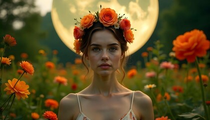 A portrait of a woman with a beautiful floral crown on her head. The woman is standing in a garden with a full moon in the background. The garden is filled with lush greenery and colorful flowers.