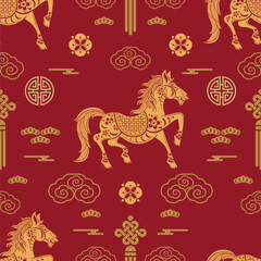 Seamless pattern happy chinese new year 2026 the horse zodiac sign with asian elements paper cut style on color background. ( Translation : happy new year 2026 year of the horse )