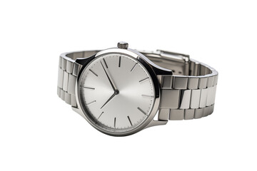 Close up shot of a silver wristwatch with a metal band against a black studio background scene on transparent background png