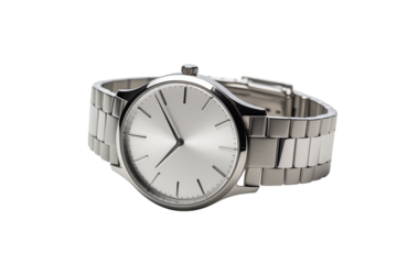 Close up shot of a silver wristwatch with a metal band against a black studio background scene on transparent background png