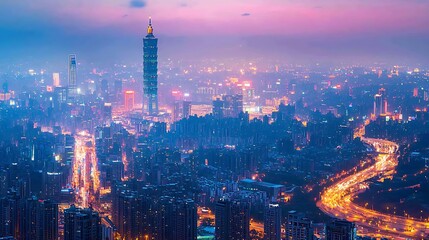 Fototapeta premium Night cityscape view of a bustling Asian metropolis
