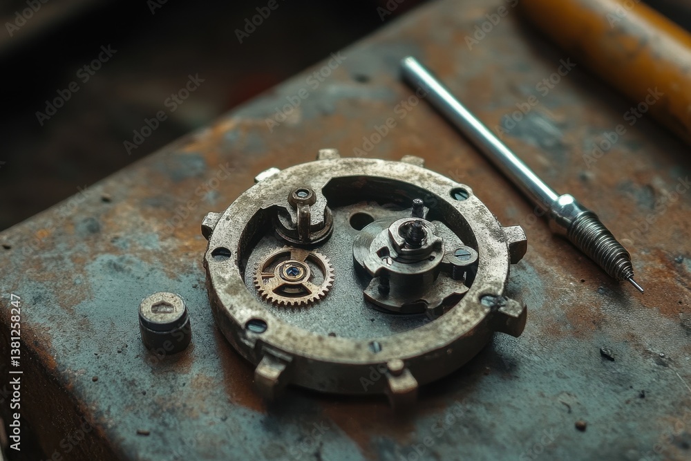 Poster collage of an old watch mechanism with cog and precision tool .