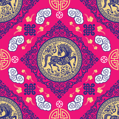 Seamless pattern happy chinese new year 2026 the horse zodiac sign with asian elements paper cut style on color background. ( Translation : happy new year 2026 year of the horse )