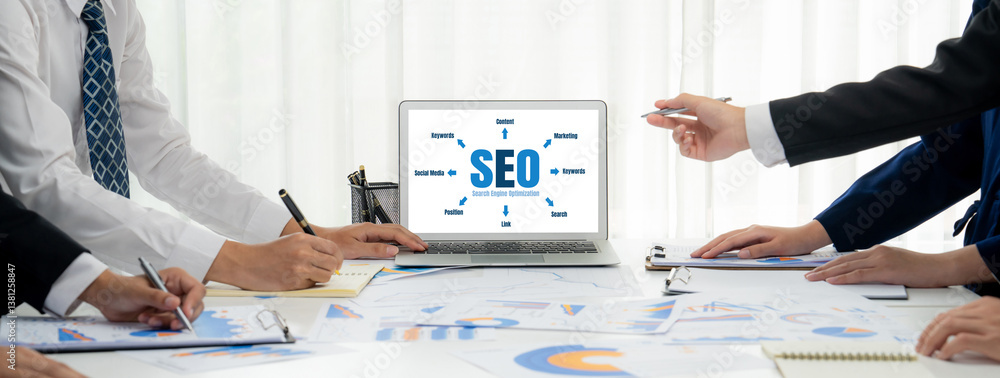 Poster seo search engine optimization for brisk e-commerce and online retail business showing on computer s