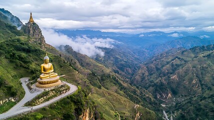 Golden Buddha statue atop mountain, winding road, misty valley