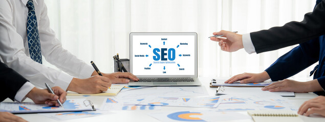SEO search engine optimization for brisk e-commerce and online retail business showing on computer...