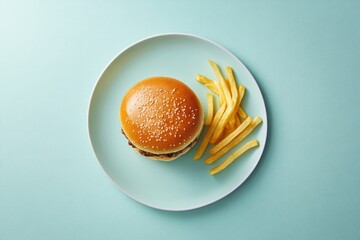 A classic burger alongside a small portion of fries is displayed on a pastel blue plate, creating a light and appealing visual for fast food enthusiasts.