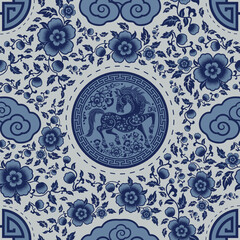Seamless pattern happy chinese new year 2026 the horse zodiac sign with asian elements paper cut style on color background. ( Translation : happy new year 2026 year of the horse )