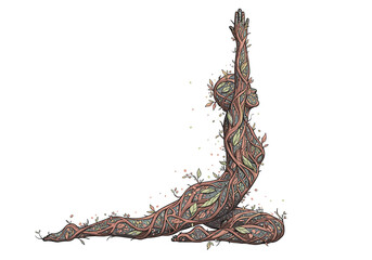 Obraz premium Artistic illustration of a yoga pose with a human figure made of entwined vines and leaves for International Yoga Day