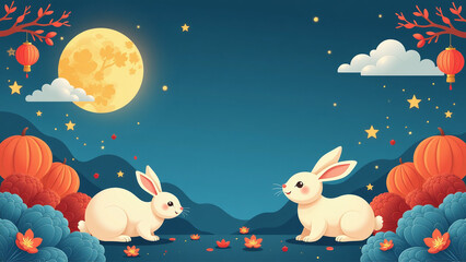 design set features moon stars rabbits blue yellow red colors chinese mid autumn festival banners cards