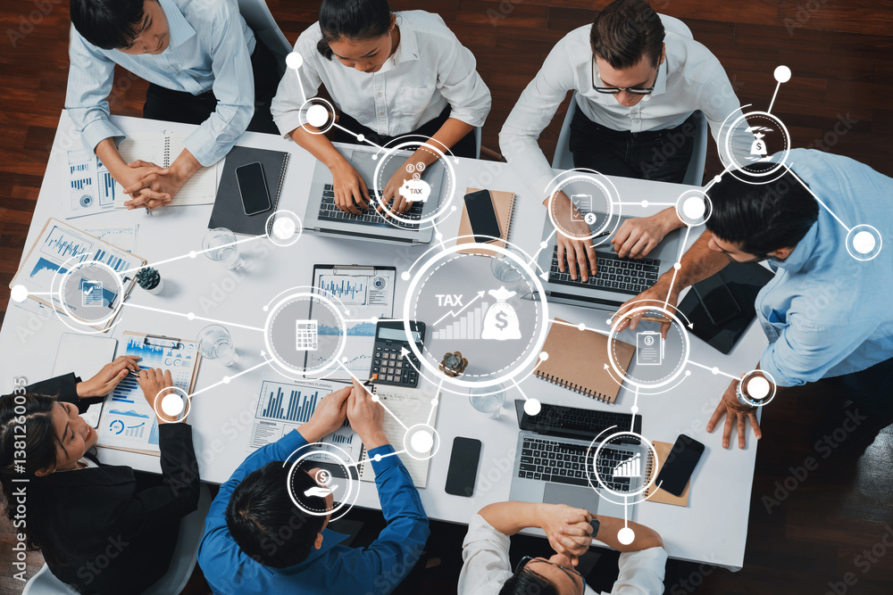 Aufkleber A diverse group of professionals collaborates on financial strategies in a modern office environment, focusing on tax planning and data analysis through technology. Amity