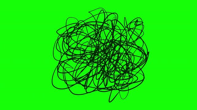 Doodle chaotic scribble ink stroke or pencil lines group in circle or spherical shape. 2d animation insane tangled hand drawn element isolated on green and black background.