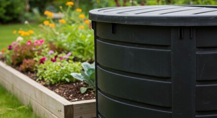 Naklejka premium Eco-friendly compost bin in lush garden setting with raised flower bed