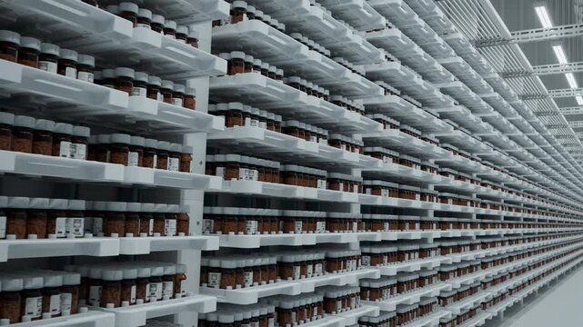 Shelves Stocked With Medicine Bottles in a Pharmaceutical Storage Facility