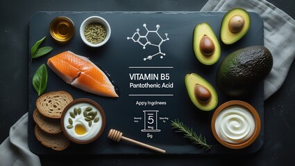 Vitamin B5 Pantothenic Acid-Rich Foods - Energy & Skin Health Ingredients on Dark Moody Background
