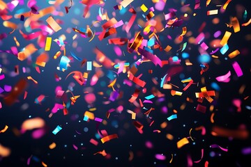 A vibrant explosion of multicolored confetti suspended in mid-air against a dark background, illuminated by party lights.