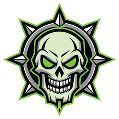 Spiked Skull Head with Neon Green Outline and Eyes on White Background Design