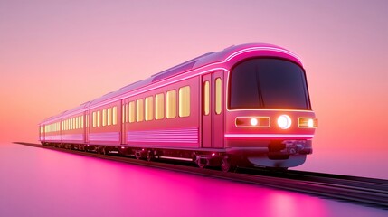 Naklejka premium Pink futuristic train sunset landscape travel