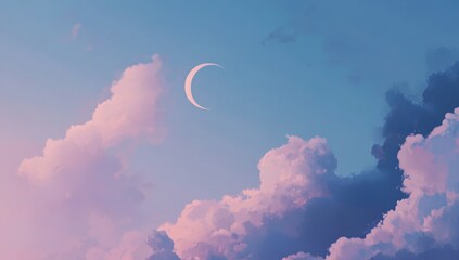 Pastel sky with crescent moon and clouds