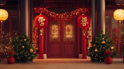 Fototapeta premium A peaceful koi pond with shimmering water reflecting red lanterns and golden ornaments creating a serene atmosphere