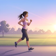 Young woman jogging at sunrise in park