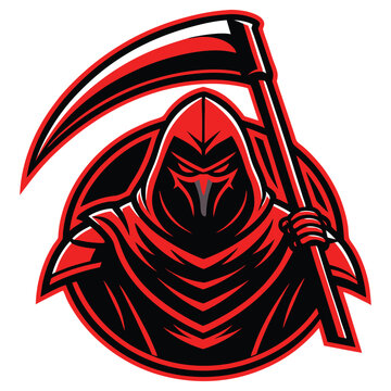 recommend clip art: Red Grim Reaper Mascot, Sharp Scythe, Hooded Death Figure, Circle Outline Design