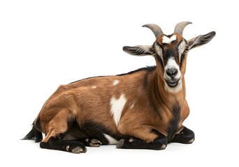 Fototapeta premium A peaceful Javan goat sitting serenely on a white background, perfect for Eid Adha themes, spiritual designs, or animal-related faith imagery