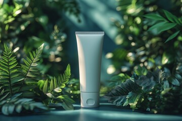 White tube of cream surrounded by lush green leaves in a serene natural setting. white tube of cream stands prominently among vibrant green leaves, product's natural essence