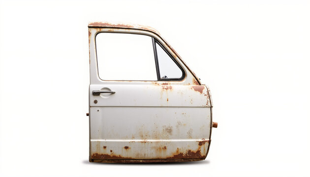 Old rusty car door isolated on white background representing vehicle recycling automotive decay and scrap