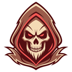 Grim Reaper Skull with Glowing Red Eyes in Brown Hood on Transparent Background