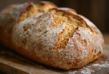 A freshly baked loaf of bread on a wooden cutting board, with a rustic and artisanal appearance.