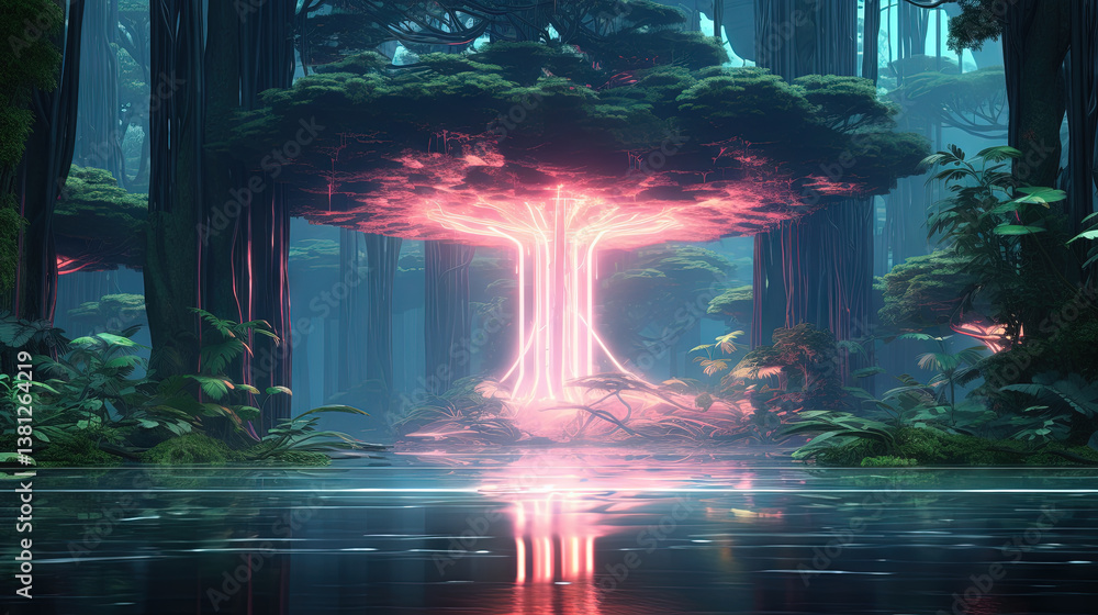 Poster neon-lit tree in a mystical jungle with glowing light and vibrant reflections