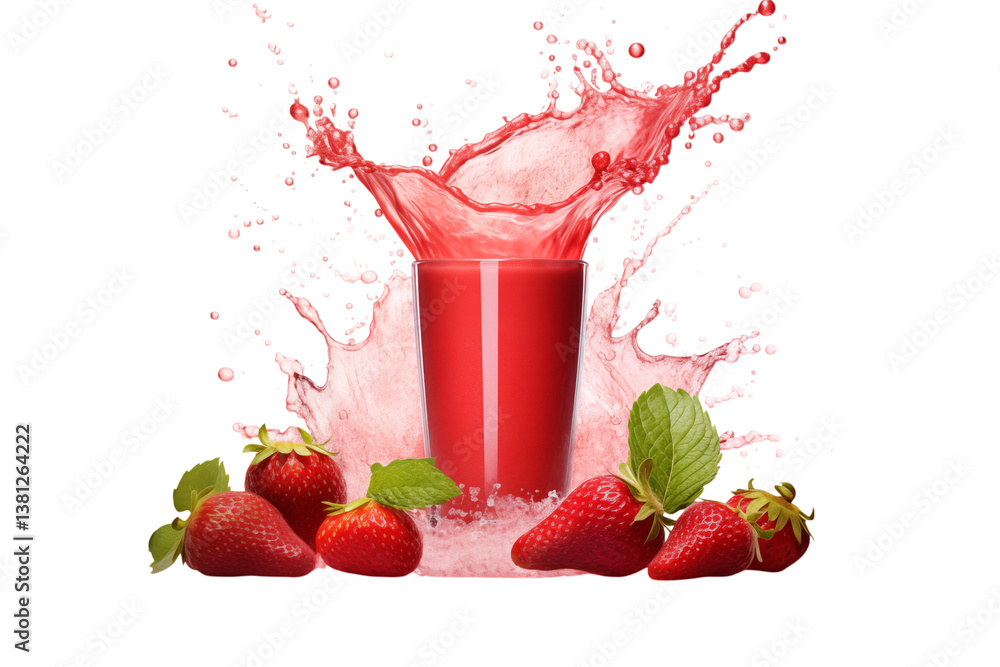 Poster a glass of strawberry juice with a splash and some strawberries around it on a on transparent backgr