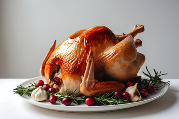 Roasted turkey recipe for thanksgiving dinner with cranberries and rosemary garnish so delicious