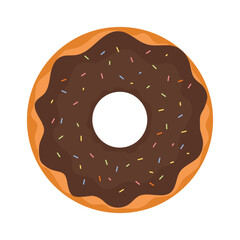 A vector illustration of a delicious chocolate-glazed donut with colorful sprinkles. Perfect for food design, packaging, menus, print materials, and digital projects.