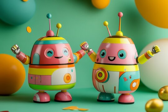 A pair of brightly colored robots perform a lively dance, highlighting their dynamic traits and joyful countenances against a brilliant green setting, generating a playful mood