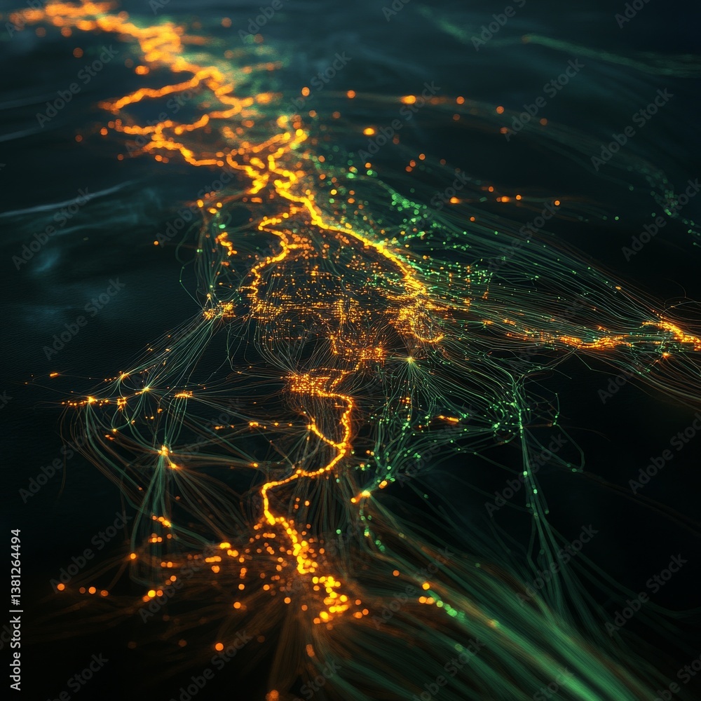 Leinwandbilder abstract network of glowing connections: data stream visualization with orange and green lights
