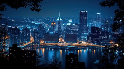 Fototapeta premium Night Lights of Pittsburgh Skyline: A Dazzling Urban Panorama