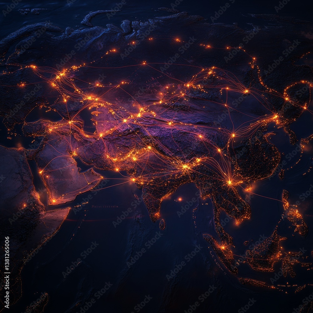 Aufkleber asia at night: a network of lights, showing connection and commerce across the continent at a high r