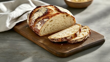 Freshly baked artisan sourdough bread on wooden cutting board