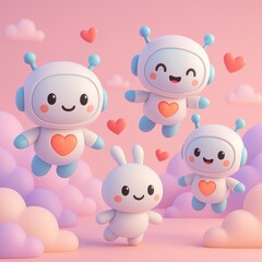 Cute robot characters and bunny enjoying a playful day among clouds and hearts