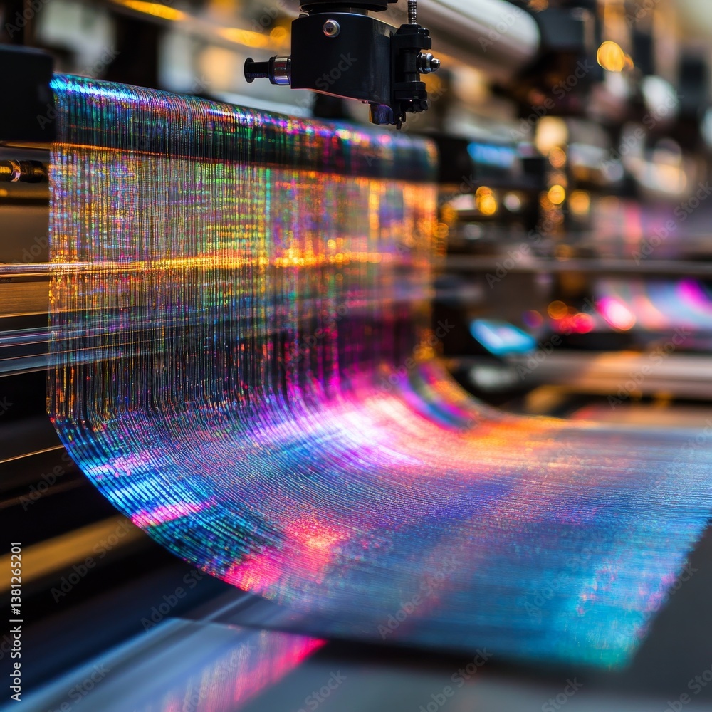 Leinwandbilder automated weaving loom creating iridescent fabric with precision manufacturing and vibrant colors