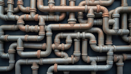 Intricate copper pipe arrangements create an industrial aesthetic with connections and joints for modern backgrounds