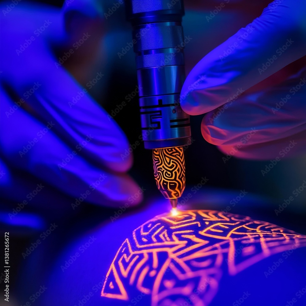 Poster close-up of advanced tattoo machine etching glowing pattern with gloved hands under ultraviolet ligh