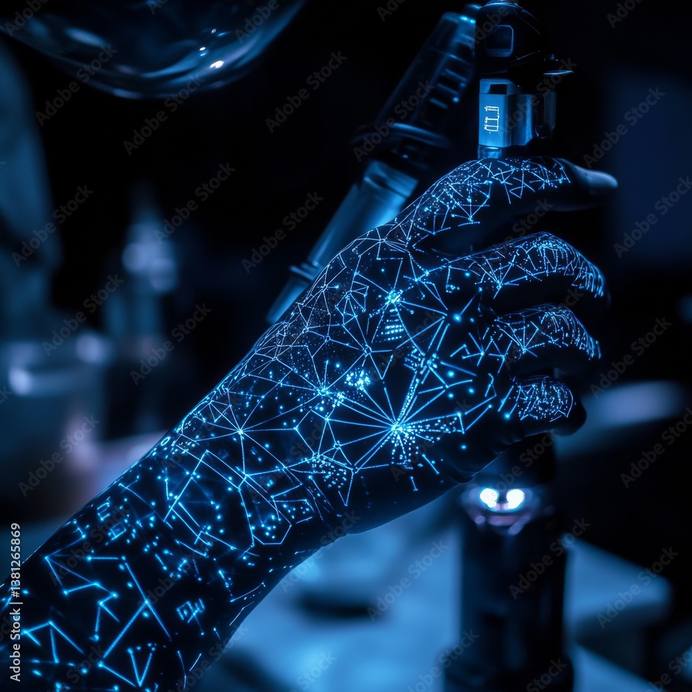 Poster cybernetic hand controls scientific microscope in dark lab - high tech research and development